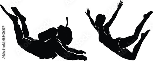 Skydiving silhouettes, professional diver, artistic free fall, adventure sport, extreme activity, freedom, movement, contrast, performance, aerial, parachute, flight, outdoor,