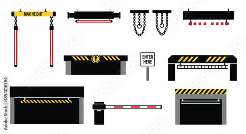 Set of various parking garage entrance and height restriction barriers, including clearance bars, gate arms, and warning signs.