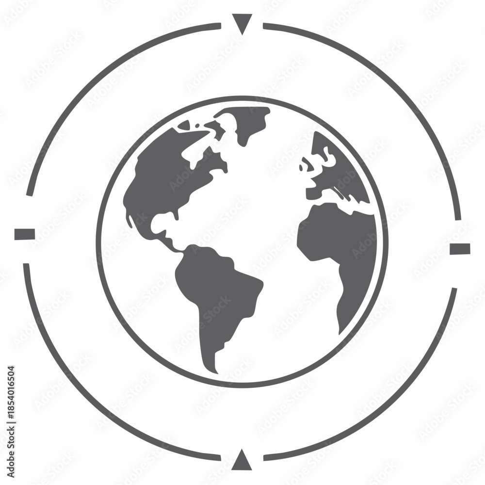 Obraz premium Monochrome outline vector icon of Earth globe, showing continents within a circular frame with directional markers, symbolizing global reach, international connections, and universal concepts