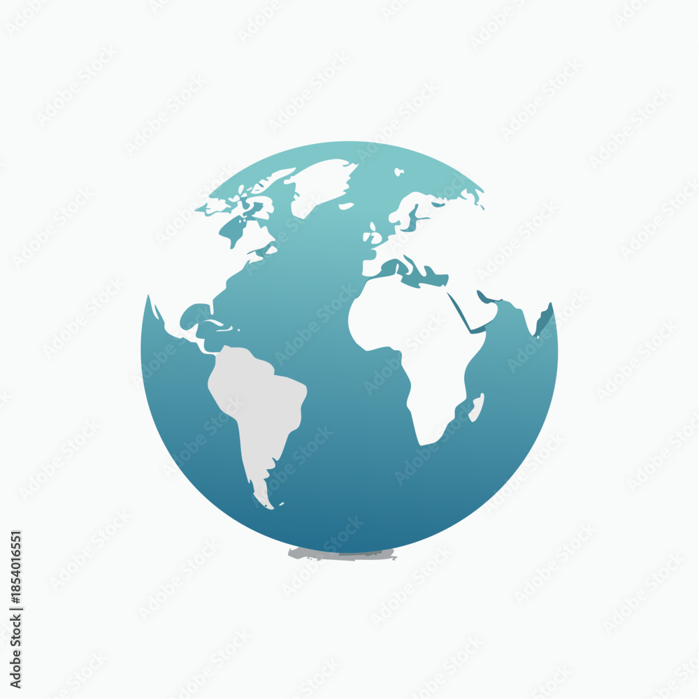 Fototapeta premium Minimalist vector illustration of a stylized Earth globe, displaying continents and oceans with a solid blue color and subtle shadow, embodying global reach and digital presence