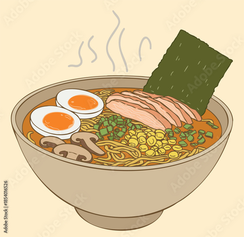 A steaming bowl of traditional Japanese ramen featuring noodles, boiled eggs, meat, mushrooms, and nori seaweed in a tasty broth. japanese food culture