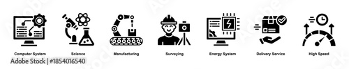 Advanced Technology Systems web banner icon illustration concept with an icon of Computer System,Science,Manufacturing,Surveying,Energy System,Delivery Service,and High Speed. Glyph style