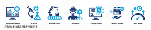 Advanced Technology Systems web banner icon illustration concept with an icon of Computer System,Science,Manufacturing,Surveying,Energy System,Delivery Service,and High Speed. Glyph Color style