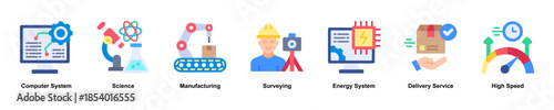 Advanced Technology Systems web banner icon illustration concept with an icon of Computer System,Science,Manufacturing,Surveying,Energy System,Delivery Service,and High Speed. Flat style