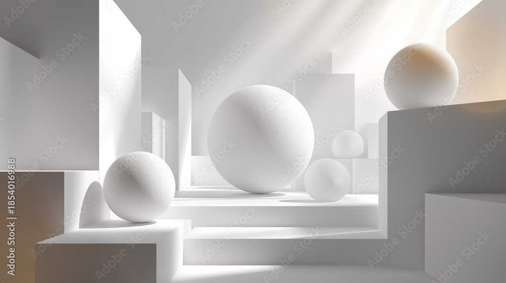 Fototapeta premium Geometric Composition: A stark, minimalist composition of geometric shapes, showcasing a play of light and shadow, creates a clean, modern aesthetic with emphasis on form and spatial relationships. 