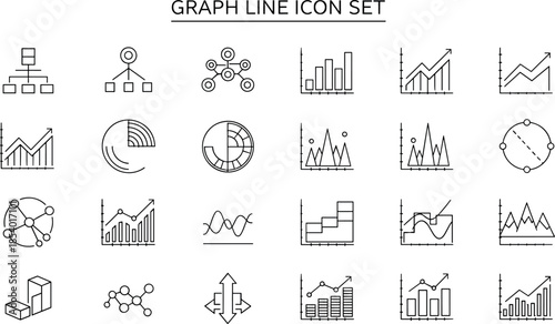 Graph line icon set with analytics charts, business statistics, financial growth diagrams, data visualization symbols, infographic elements, and minimal outline vector collection