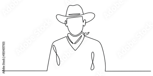 Continuous line drawing of a cowboy with a hat and bandana on a white background