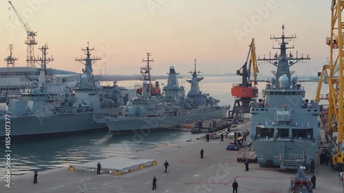 A naval base with moored warships, cranes, and loading docks
