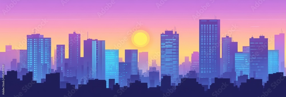 Fototapeta premium Minimal City Skyline Vector Illustration with Sun and Modern Buildings