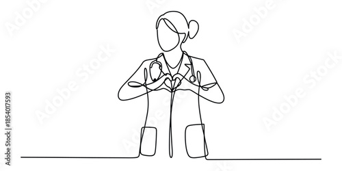 Dedicated doctor showing care and compassion with a heart gesture in a continuous line drawing