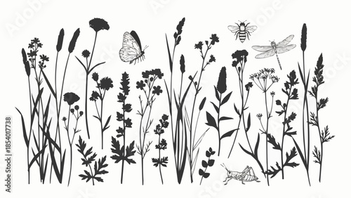 Black and White Illustration of Wildflowers and Insects.