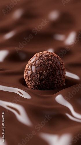 Chocolate brown background with a 3D chocolate truffle in the center, rich and velvety 