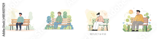 Vector of a person sitting thoughtfully on a park bench. Vector, minimalist, illustration, icon set.