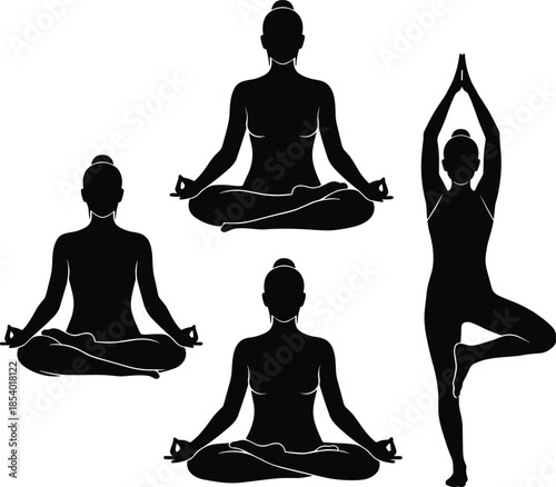 PrintVector set of beautiful female yoga silhouettes, featuring the serene lotus and standing tree poses, perfect for balance, meditation, mindfulness, 