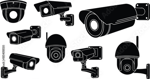 Vector illustration set of modern security cameras, CCTV surveillance devices, dome and bullet camera silhouettes for home protection, monitoring systems, safety technology graphics
