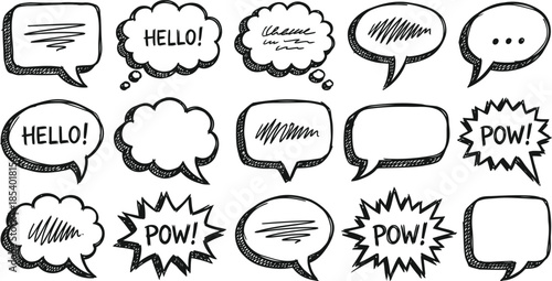 Various comic book style speech bubbles with "hello" and "pow" text