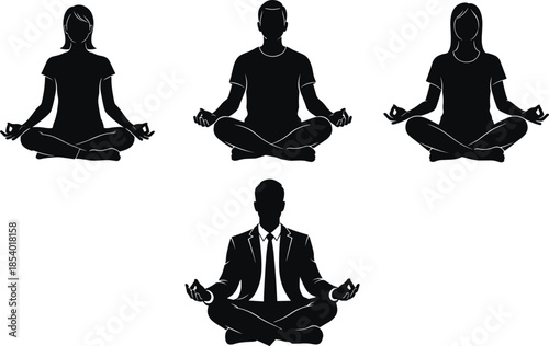 Vector set of diverse male and female figures sitting in the lotus position, meditating with a peaceful and mindful expression, including business professionals, ideal 