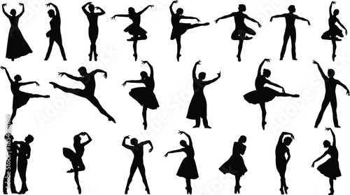 Vector set of dynamic martial arts silhouettes, showcasing male and female athletes in various powerful karate, taekwondo, and kung fu stances, perfect for competition and training visuals.