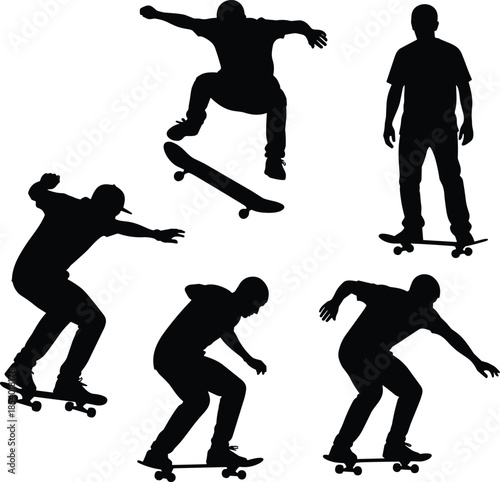 Vector set of Skateboarder silhouettes, young men performing various tricks, jumping, riding, and doing stunts on skateboards, vector illustration content.