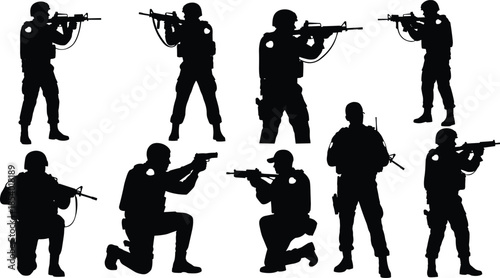 Vector set of male Boxer silhouettes, various fight poses including punching and guarding, professional athletes training and competing, vector illustration content.