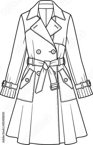 Women's Fashion Double-Breasted Trench Coat Technical Drawing CAD Flat Vector Illustration Garment Design Template Outline Sketch Apparel Clothing Silhouette,