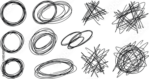 Hand drawn scribbled circles and ovals in black ink
