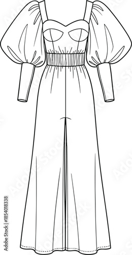 Women's jumpsuit or wide-leg playsuit fashion flat technical drawing vector illustration, with sweetheart neckline and puff sleeves, apparel template for clothing design, isolated on white.