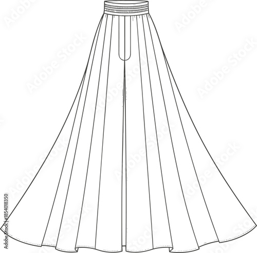 Women's Fashion Long Maxi Pleated A-Line Skirt Technical Drawing CAD Flat Vector Illustration Garment Design Template Outline Sketch Apparel Clothing Silhouette