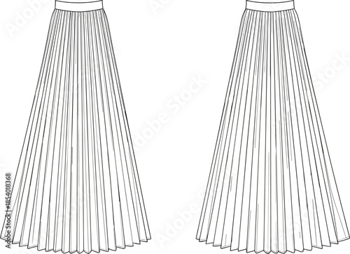 Women's long pleated maxi skirt fashion flat technical drawing vector illustration, front and back view design, apparel template for clothing designers, isolated on white.