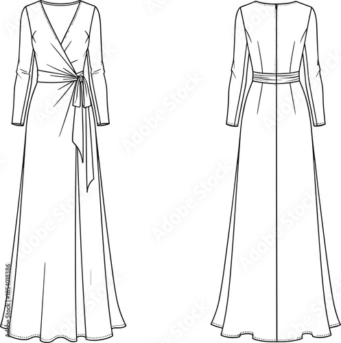 Women's Long Sleeve Wrap Dress Technical CAD Drawing Flat Vector Illustration for Fashion Design, Garment Manufacturing, Pattern Making, and Apparel Templates.
