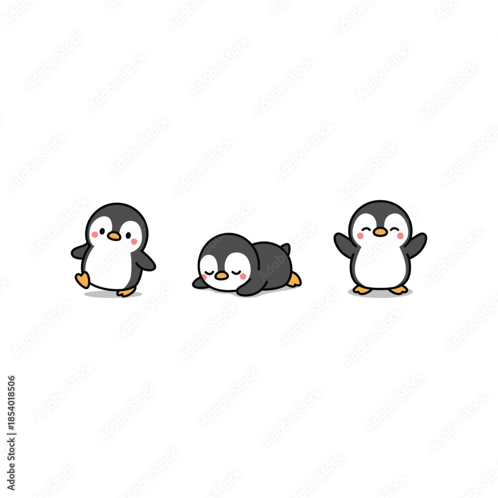 Fototapeta premium Cute kawaii penguin cartoon collection, vector illustration