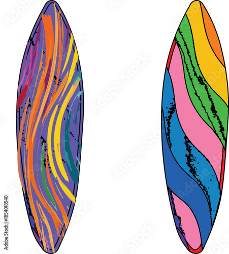 Surfboard vector illustration set on beach with waves and summer surfing design