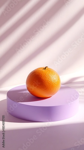 Light lavender background with a 3D small orange in the middle, vibrant and fresh-looking 