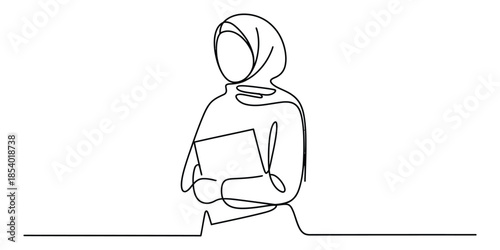 A minimalist line art illustration of a muslim woman holding a book, representing education and knowledge