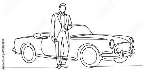 Sophisticated man in a tuxedo standing next to a vintage convertible in a single line drawing