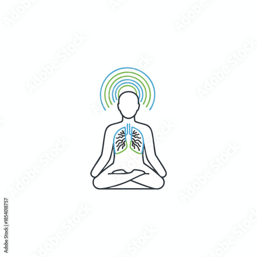 Minimalist illustration of a person in lotus position with lungs & energy rings