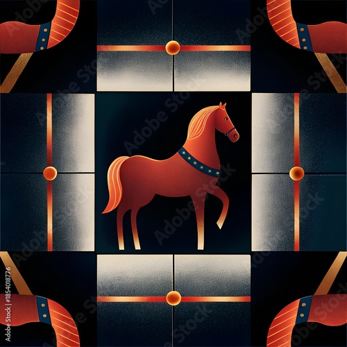 Stylized red horse illustration inspired by Chinese New Year and the Year of the Horse, featuring a bold flat modern geometric composition, textured gradients, and symmetrical decorative panels. Suita