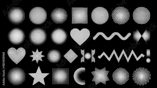 A collection of various abstract geometric and symbolic shapes rendered in grayscale with a textured effect against a black background.