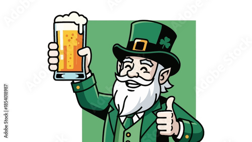 A cartoon leprechaun in a green suit and hat holding a glass of beer and giving a thumbs up.