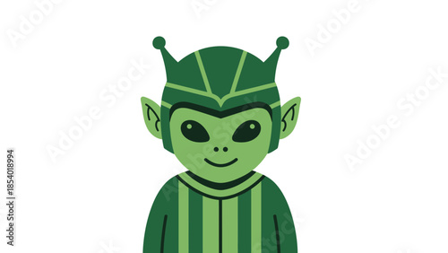 A cartoon illustration of a friendly green alien with large eyes and antennae.