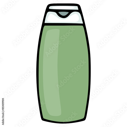 A clean, minimalist vector illustration of a green shampoo bottle with a white and grey dispenser cap, isolated on a white background, suitable for beauty product branding.