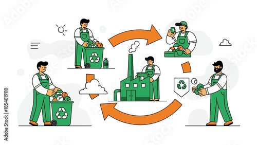 Illustration of the recycling process, showing collection, sorting, manufacturing, and reuse of materials.