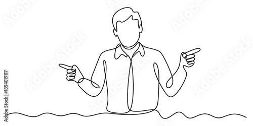 A continuous line drawing of a man pointing in opposite directions, symbolizing choice or dilemma