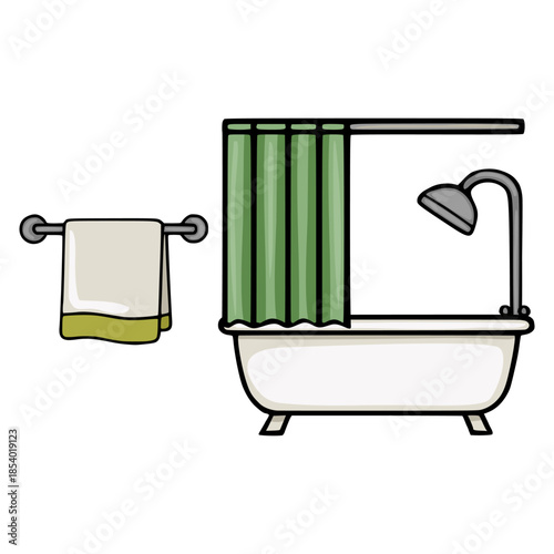 Simple flat vector illustration of a white bathtub with a green shower curtain and a towel on a rack.