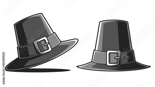 Two black pilgrim hats with buckles, one tilted and casting a shadow, the other upright.
