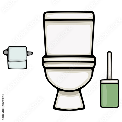 A clean, modern vector illustration of a toilet, toilet paper holder, and toilet brush set against a white background, symbolizing hygiene and bathroom essentials.