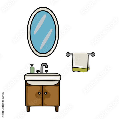 Charming cartoon vector illustration of a bathroom vanity with an oval mirror, soap dispenser, and towel rack.