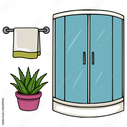 A simple vector illustration of a modern shower cabin with a folded towel on a rack and a potted aloe vera plant, perfect for interior design or bathroom-themed projects.