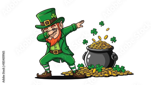 A leprechaun doing the dab dance next to a pot of gold coins and shamrocks.