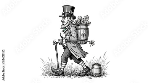 A detailed black and white illustration of a leprechaun carrying a barrel full of shamrocks on his back while walking with a cane.